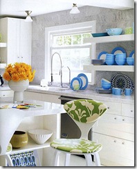 jonathan adler liz lange country residence home kitchen white cabinets open shelves marble countertops counters wall backsplash