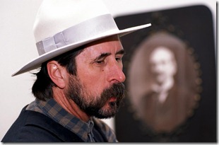 KEARNEY, Mo. - Greg Higginbotham, James gang historian, portrays Frank James for visitors to the James Family Farm northeast of Kearney, Mo.