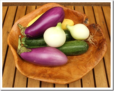 ratatouille ingredients, summer onion, summer squash, eggplant, zucchini