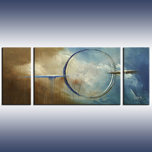 blue teal brown abstract art painting in triptych on canvas