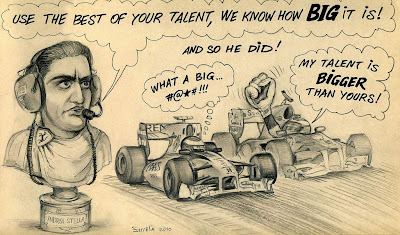 карикатура Фернандо Алонсо и Виталия Петрова на Гран-при Абу-Даби 2010