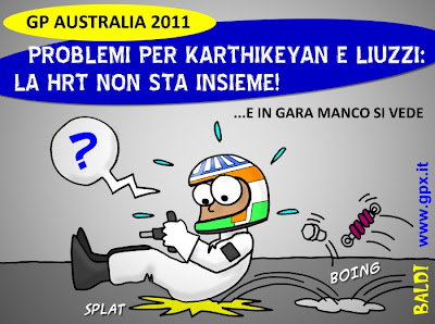 Нараин Картикеян в своем болиде HRT на Гран-при Австралии 2011 комикс Baldi