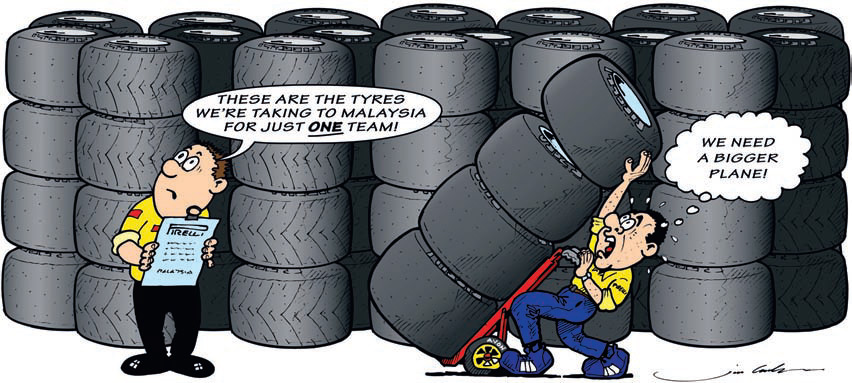 комикс Jim Bamber перед Гран-при Малайзии 2011 про резину Pirelli
