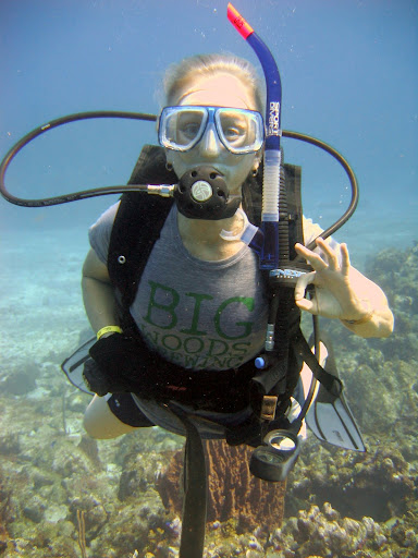 BWB tee shirts have been salt water tested to at least 55 feet. Here, Advanced Open Water diver, Angie Aumage, demonstrates the shirt's durability above a coral reef . She is near Desecheo Island, 13 miles West of Puerto Rico.