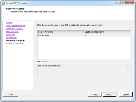 Deploy OVF template: select network mapping