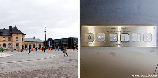 Nya och gamla stationshuset. Konstiga hissknappar Två bilder. Nya och gamla stationshuset. Konstiga hissknappar
