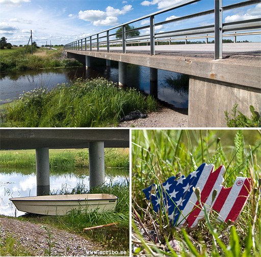 Tre bilder: bro Ärentunavägen, roddbåt under bron, doftgran liggandes i vägkanten.