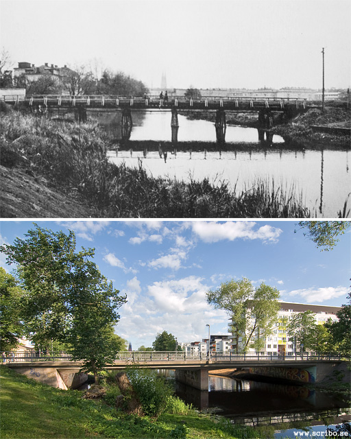 Två bilder på Fyrisvallsbron, i början av 1900-talet och 2010