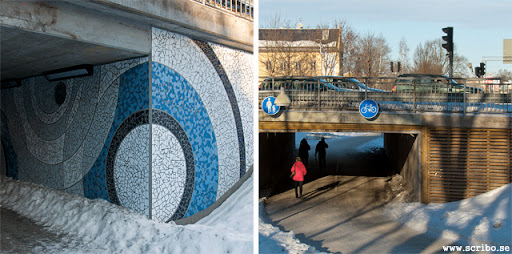 tunnlarna under Luthagsbron med mosaik och träpanel