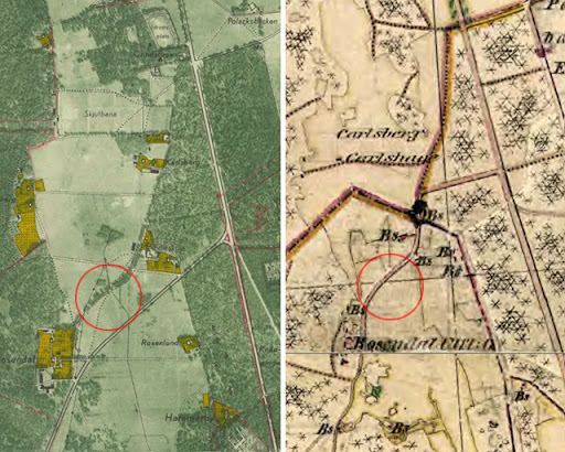 Kartor från 1952 och 1859-63 som visar häradsvägen över rosendalsfältet