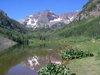 Maroon Bells and reflection in lake