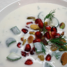Chilled Persian Yogurt and Cucumber Soup with Pistachio and Pomegranate