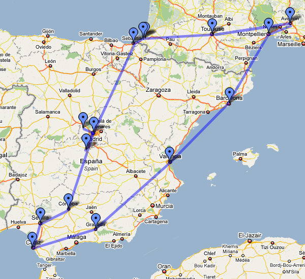Madrid, San Sebastian, Biarritz, Bayonne, Toulouse, Avignon, Montpellier, Barcelona, Valencia, Granada, Cadiz, Cordoba, San Lorenzo de El Escorial, Toledo, Madrid.