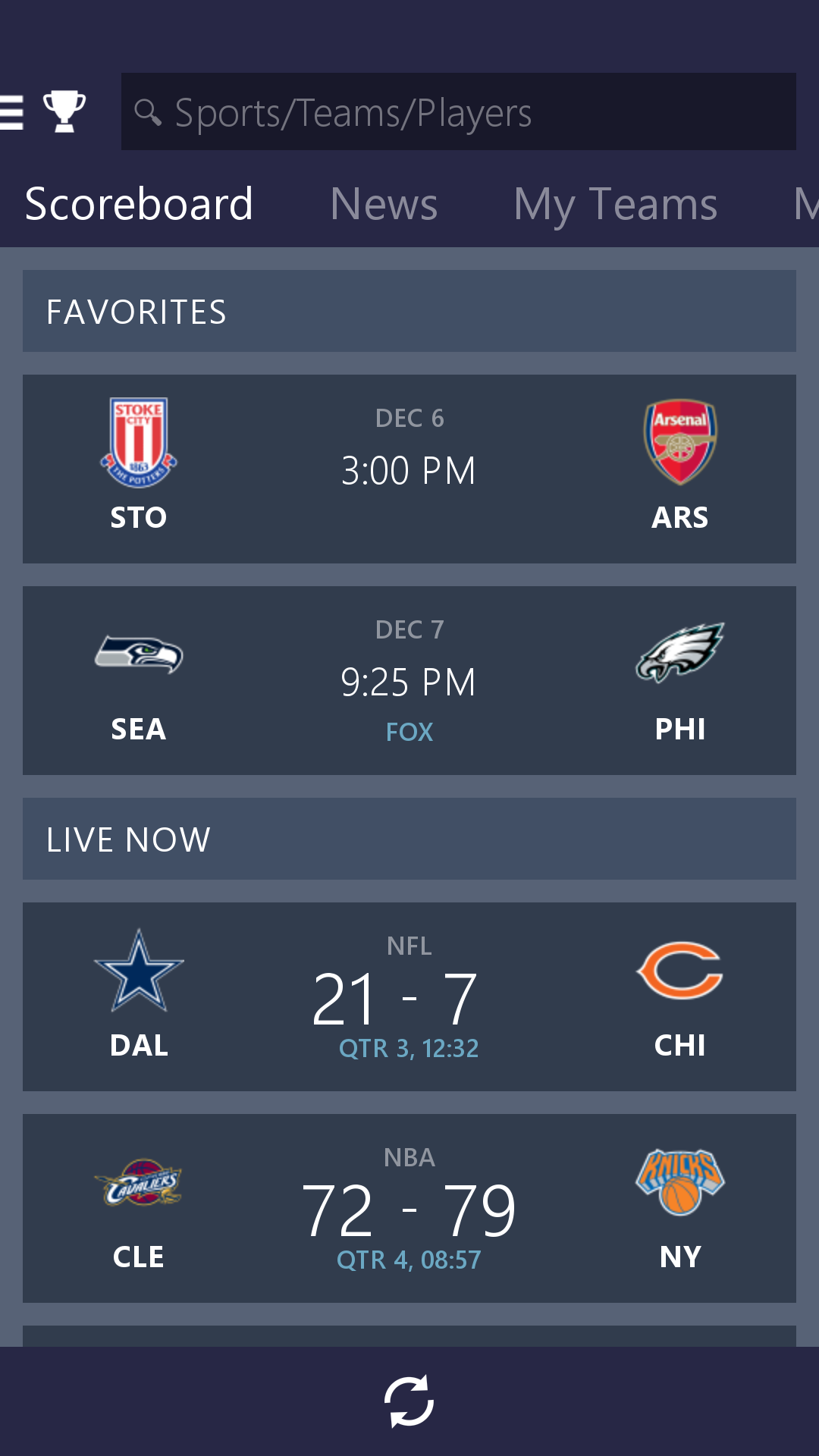 Android application MSN Sports - Scores &amp; Schedule screenshort