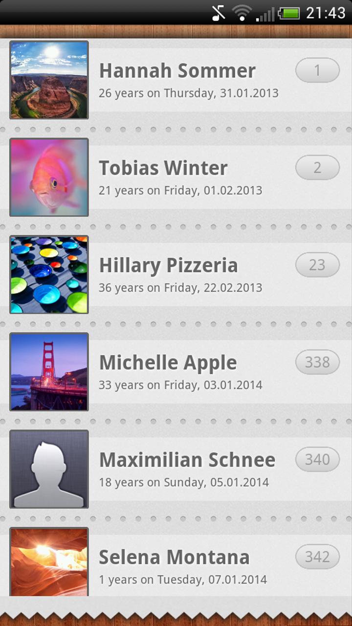 Android application Birthdays screenshort