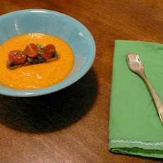 Cherry Tomato & Basil Croutons atop Creamy Heirloom Tomato Soup