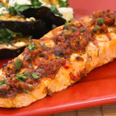 Grilled Salmon with Sun-Dried Tomato, Olive, Caper, and Parsley Relish
