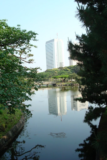 Reflections off of the lake in Hama-rikyu Gardens