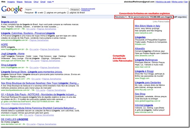 [Imagem] Primeira página de resultados de busca por lingerie no Google