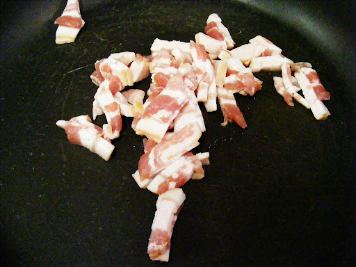 Saute 3 pieces of bacon, cut into pieces.