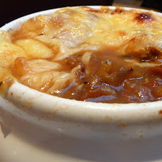 Beer French Onion Gratinee with Garlic Thyme Croutons