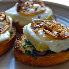 Fresh Mozzarella and Roasted Kohlrabi Crostini with Crispy Lemons and Shallots