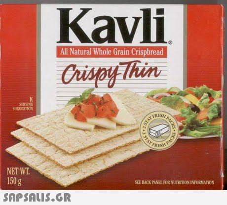 Kavli Crisoy Thin All Natural Whole Grain Crispbread SERVING SUGGESTION FRESH FRESH NET WT 150 g SEE BACK PANEL FOR NUTRITION INFORMATION SAP SALIS.GR