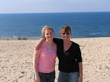 Amy and Julie atop Mt Baldy with Lake Michigan in background