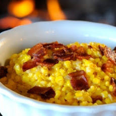 Creamed Corn Gratin with Fried Onion Rings and Bacon