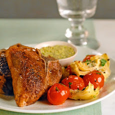 Lamb Chops with Pistachio Sauce and Vegetable Saute