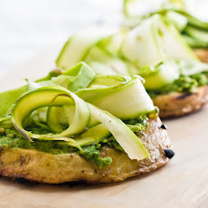 Grilled Potato Rounds with Pesto and Shaved Asparagus