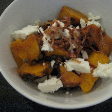 Balsamic Roasted Pumpkin with Goat Cheese, Lentils and Crispy Fried Shallots