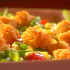 Fried Popcorn Shrimp with Mache, Roasted Corn, Asparagus and Grape Tomato Vinaigrette