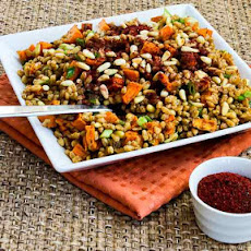 Vegan Farro and Roasted Sweet Potato Salad with Pine Nuts and Tahini-Sumac Vinaigrette