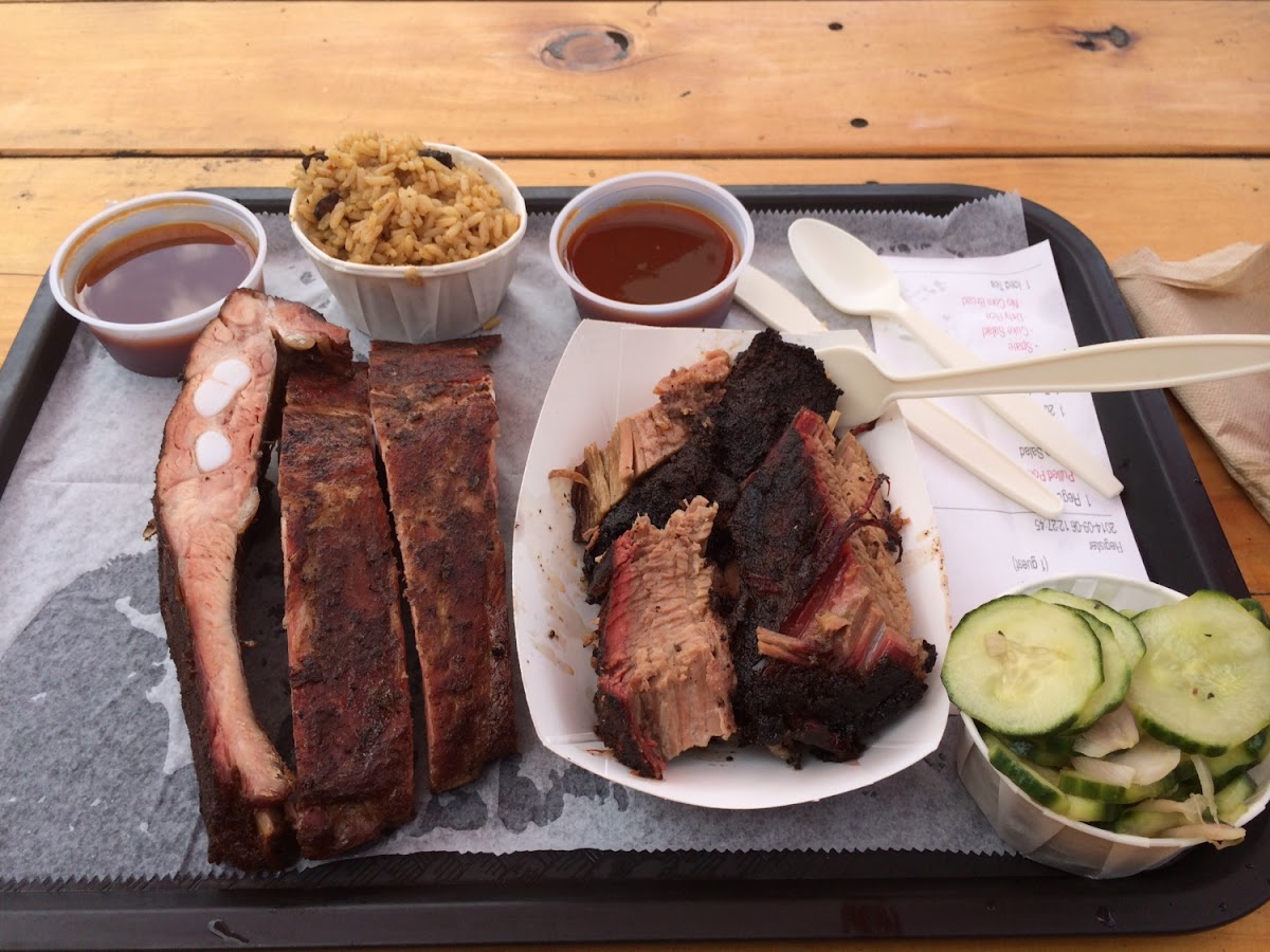 This is the two meat platter with spare ribs and brisket. Sides were cucumber salad (which was a tad