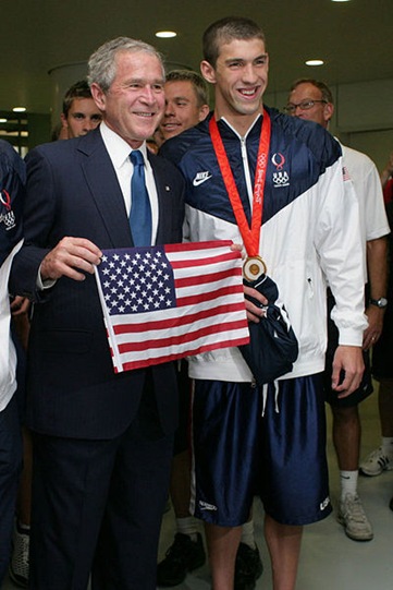 Michael Phelps with President Bush after winning Beijing Olympic 400m Individual Medley