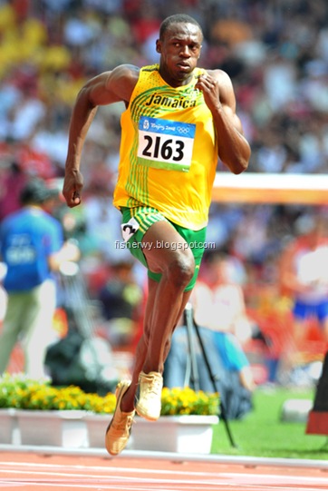 Aug 15, 2008; Beijing,CHINA; Usain Bolt (JAM) wins first-round heat of 100m in 10.20 in the 2008 Olympics athletics competition at National Stadium. 