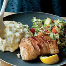 Bacon-Wrapped Halibut with Shredded Brussels Sprouts and Mashed Potatoes
