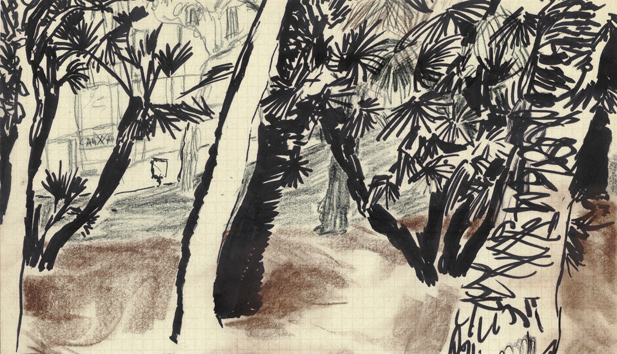straatbomen in barcelona (1990 ~ 18 x 30 cm ~ marker, cont�, potlood op papier)