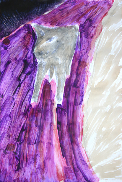 dog at night on the road (2006 ~ 40 x 30 cm ~ acrylic, ink, pencil, shoyu on paper)