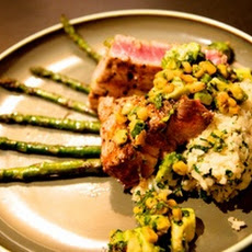 Grilled Ahi Tuna, avocado corn salsa, cilantro rice and asparagus