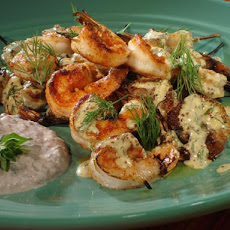 Grilled Shrimp Skewers with Mustard-Dill Dressing and Black Olive Yogurt Sauce