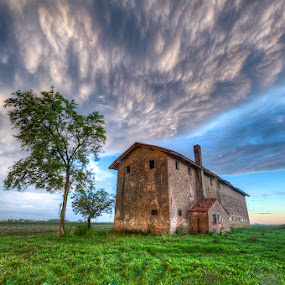 Musile Di Piave - Old House - Blustery Sky by Fabrizio Vendramin - Landscapes Cloud Formations ( old house, blustery sky, tree, grass, veneto, musile di piave, italy )