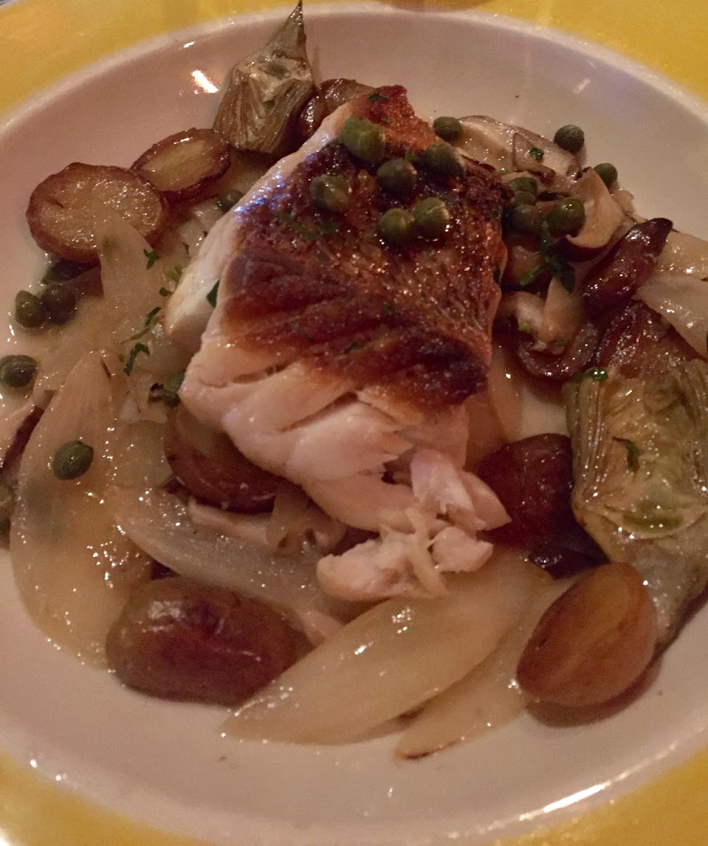 Red Snapper with artichokes, potatoes, onions and capers! Delicious!!