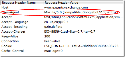 Request to Experts-Exchange using GoogleBot User Agent.