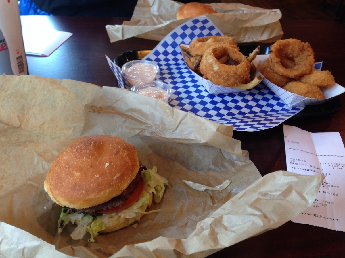 Regular Hamburger with Onion Rings and order of half Onion Rings/ half French Fries