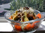 Volcano of NOM. Carrot slices, marinated/dehydrated eggplant and onions, nut/veggie pate, zucchini, avocado and alfalfa sprouts