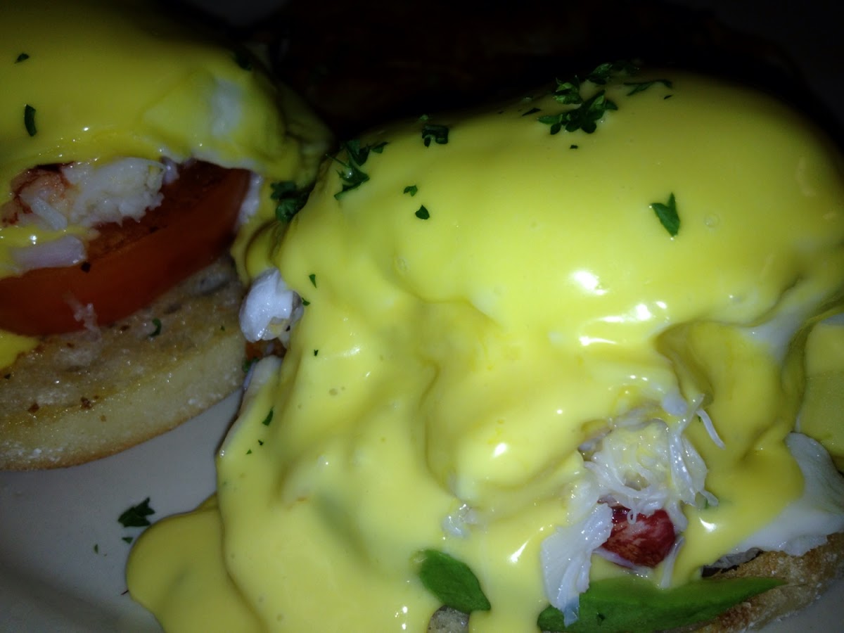 Gluten free English muffin crab Benedict 
With cage free eggs homemade 
Hollandaise
Awesome!!