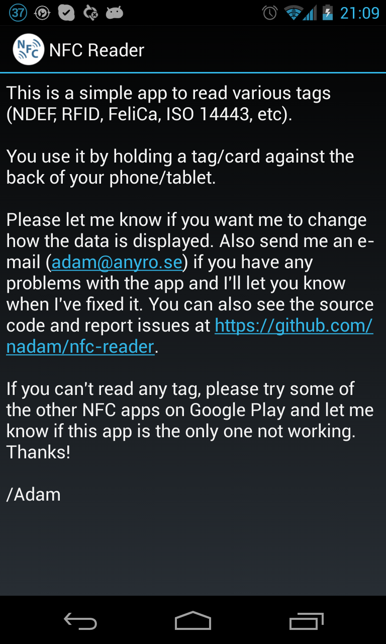 Android application NFC Reader screenshort