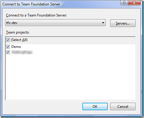 Connect to Team Foundation Server Dialog